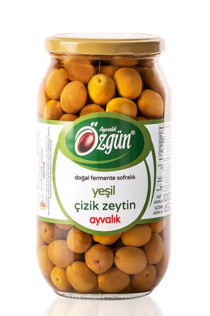 Özgün Ayvalık Yeşil Çizik Zeytin 1 Kg Cam Kavanoz