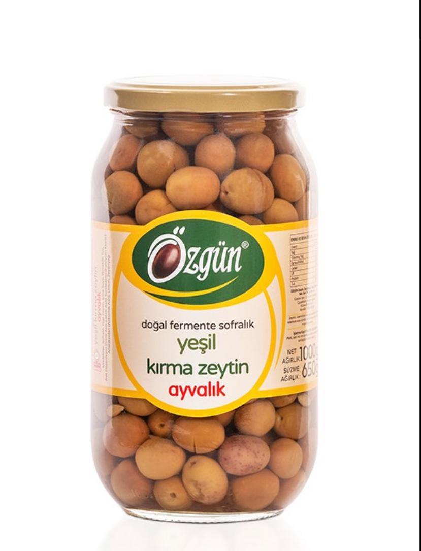 Özgün Ayvalık Yeşil Kırma Zeytin 1 Kg Cam Kavanoz